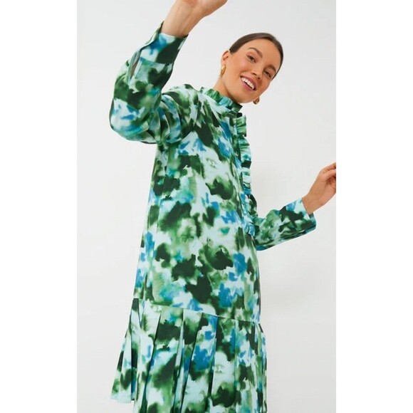 TUCKERNUCK Deep Lagoon Tate Mini Dress Green Blue Size XS Drop Waist Long Sleeve - Picture 9 of 15